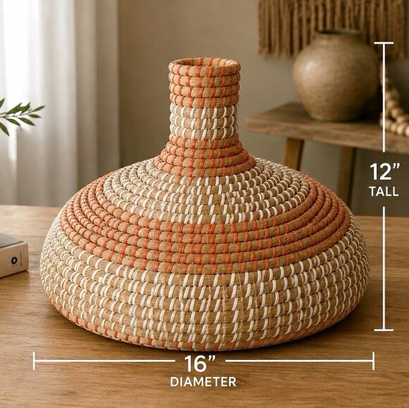 Unbranded Other - Round Wicker Lidded Decorative Basket Boho Beige/Orange 16in Freestanding